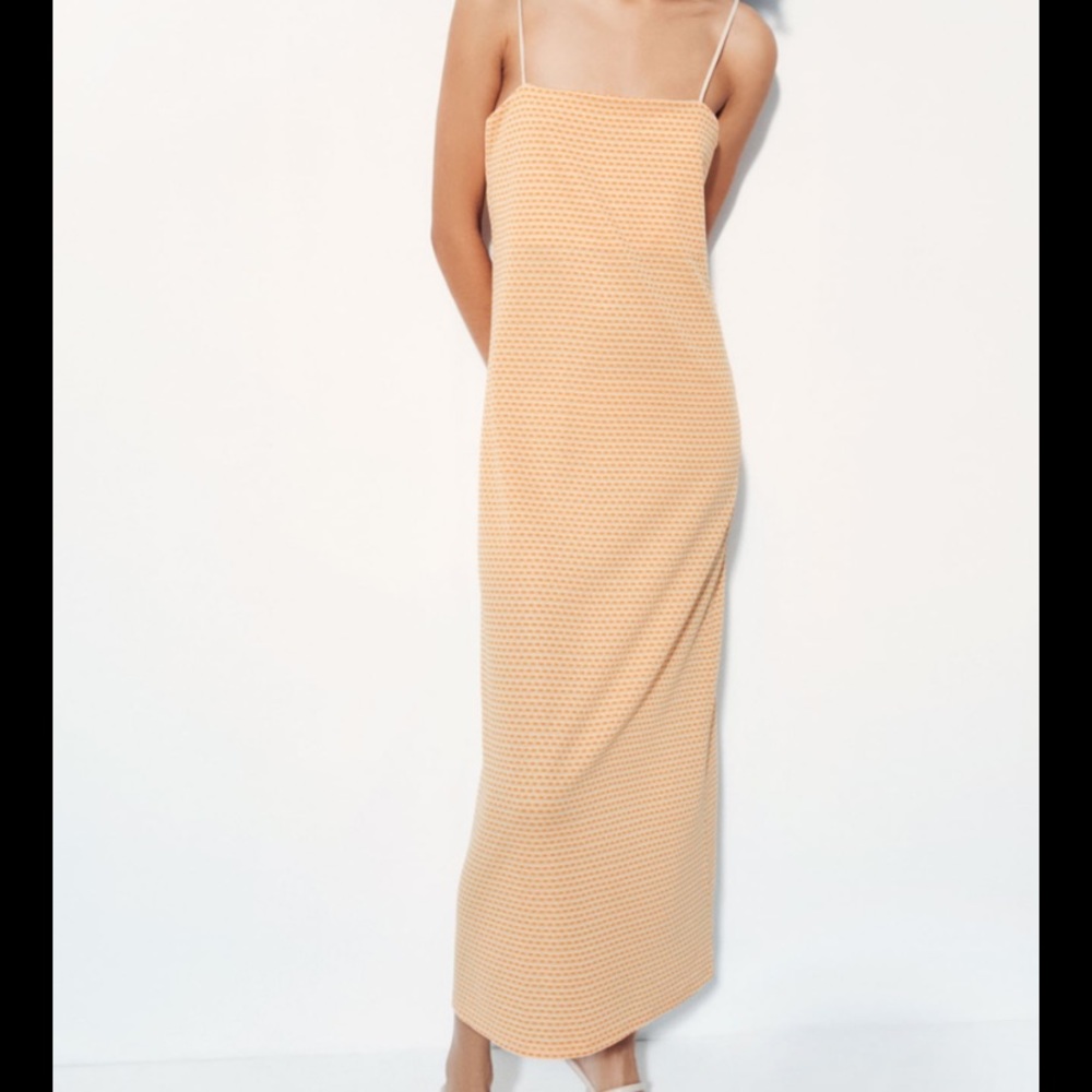 Zara orange jacquard midi dress